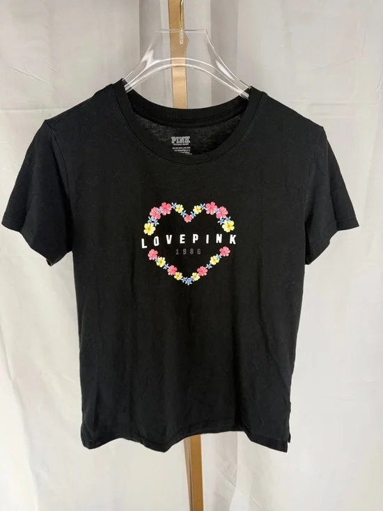 PINK Victoria’s Secret Love Heart Floral Logo Tee Shirt Top - XS - Black - Picture 6 of 10